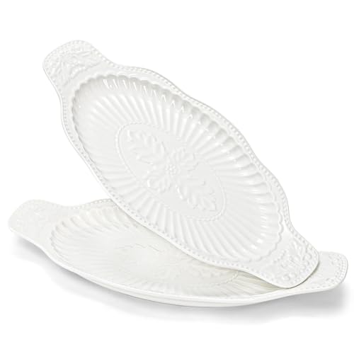 Suwimut 2 Pack Porcelain Oval Serving Platters, 14 Inch Large Embossed White Serving Plates for Entertaining, Oven Safe Stackable Ceramic Dinner Tray for Fish, Meat, Appetizers, Fruits, Dessert