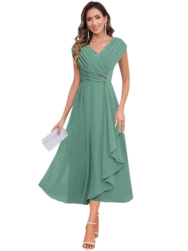 Women's Lace Cap Sleeve Chiffon Mother of The Bride Dresses Tea Length Ruffle A Line Formal Dresses for Wedding S84