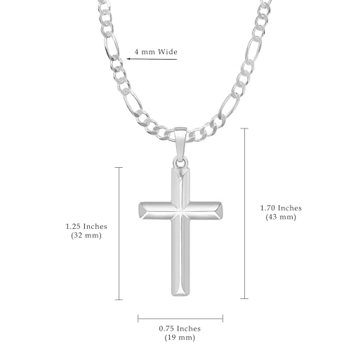 Mens Sterling Silver Cross Pendant Italian Figaro Chain Necklace3