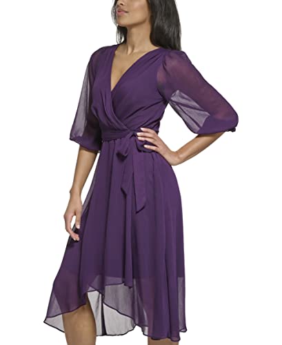 Image of DKNY Women's Chiffon Balloon Sleeve Faux Wrap Midi Dress with High-Low Hem