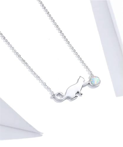 Collier chat argent 925 anti-allergie avec pendentif opale durable - 2