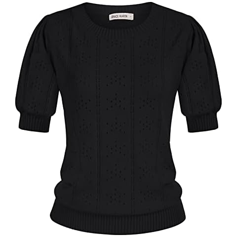GRACE KARIN Women Summer Autumn Jumper Hallowed Out Short Sleeve Elastic Knit Pullover Casual Daily Sweater Black XL Cover