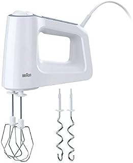 Braun MultiMix HM3100 electric hand mixer,500w, variable speed & turbo functioin, whisk & dough hooks, easy eject button, soft grip - white