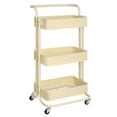 T-LoVendo Carro De Cocina Metalico con Ruedas. Carrito Auxiliar Multiuso.3 Cajones de Almacenamiento. 85x43x37cm. Ideal para Frutas, Verduras, Cocina, Salón, Oficina. Color Beige