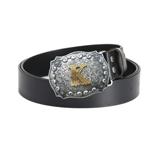 WRJAHCG Ceinture Pour Hommes, Cuir Véritable Mode Vintage Grande Lettre Boucle De Ceinture ABCD À Z Cowboy Rodeo Or Boucles De Ceinture,K black,120CM/47.3'' Cover