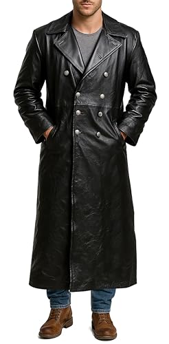 Mens Winter Trenchcoat Long - German Officer Classic Black Faux