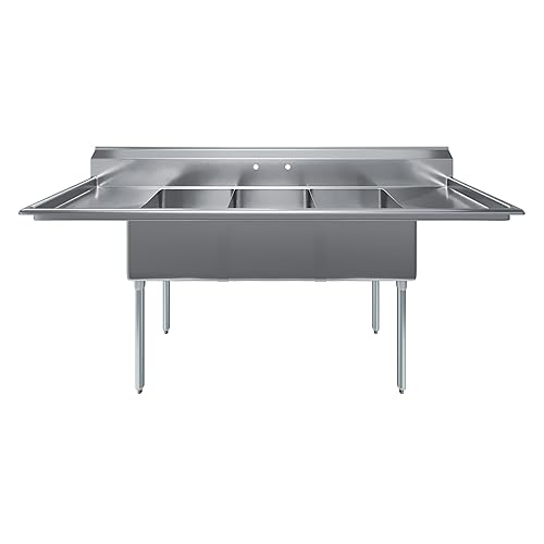 Image of AmGood Stainless Steel Prep & Utility Sink | 304 Stainless Steel | Restaurant, Kitchen, Laundry, Garage | NSF (23 in. x 90 in. | Three Bowls | 2 Drainboards)