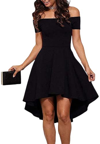 CUQY Womens Off The Shoulder High Low Hem Cocktail Skater Wedding Party Teen Formal Dresses (FBA) (Black2, L)