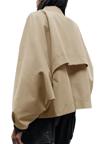 Cicy Bell Khaki Oversized Cropped Trench Coat with Batwing Sleeves - Trendy and Versatile Outerwear for Every Occasion - Image 7