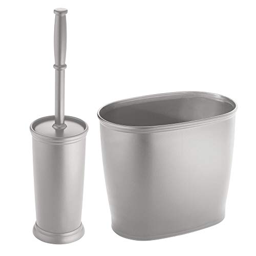 mDesign Modern Compact Freestanding Plastic Toilet Bowl Brush and Oval Wastebasket Garbage Can