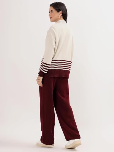 Image of Kvetoo Women Winter Coord Set Wool Blend Tracksuit High Neck Sweater and Wide Leg Pants Warm Knitwear Pyjama Set for Casual Office Travel Wear