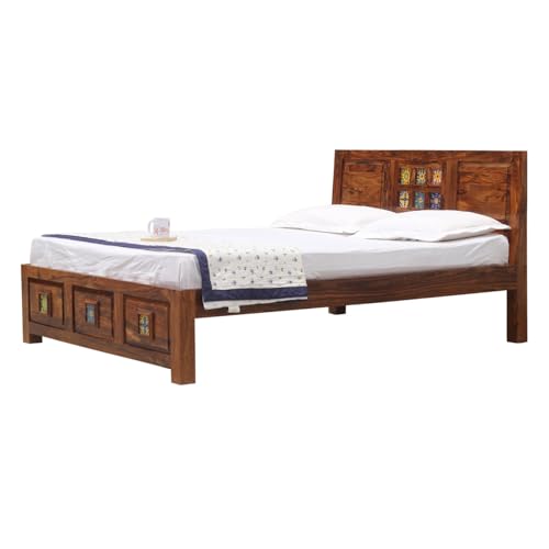 Image of Heritage Tile Design Sheesham Wood Queen Size Bed Without Storage (82x62 Inch) | Wooden Double Bed Cot for Bedroom Furniture | Modern Palang Bed | Honey Finish