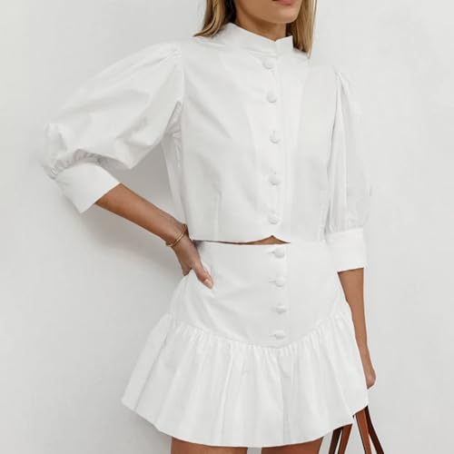 Women's Office Work 2 Piece Skirt Sets Button Puff Sleeves Tops Matching Ruffles Mini Skirt3