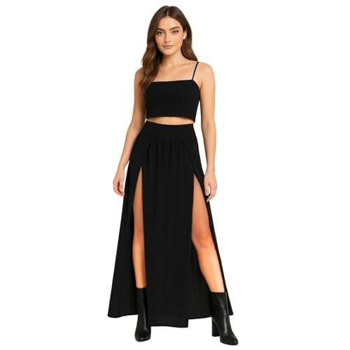 janisramone® Womens High Waisted Double Split Skirt, Plain Stretchy Summer Maxi Skirt, Stylish Long Skirts for Women UK, Side Slit Party Wear Black Skirts