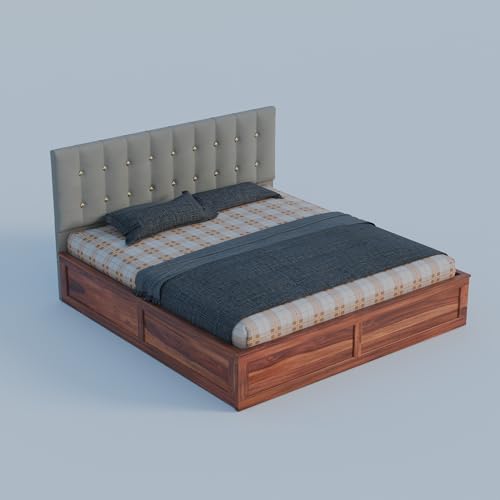 Image of Sheesham Wood Queen Size Bed with Storage Box | Upholstered Beds | Platform Cot with Cushioned Headboard | Double Bed for Home | Recommended Mattress 78x60 Inch | Grey & Honey Finish