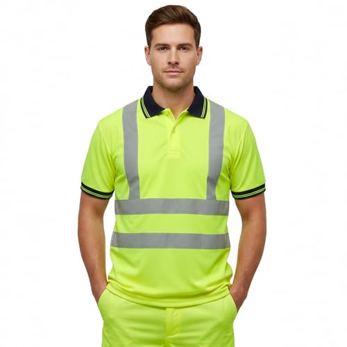 DURUS WORKWEAR High Visibility Short Sleeve Reflective Polo Shirt - Certified to BS EN471 Class 2:2 - Safety Security Workwear T-Shirt - Breathable Top in Plain & Two-Tone Contrast Colours Yellow