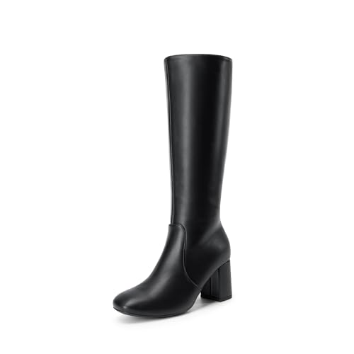 DREAM PAIRS Women's Gogo Boots Square Toe Side Zipper Chunky Heel Knee High Boots For Women,Size 10,Black,DWUMKB2517
