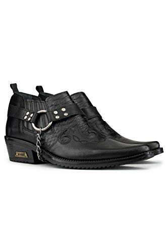 Mens Real Leather Wincklepickers Snake Pattern Cowboy Riding Western Shoes with Cuban Heel and Leather Chain