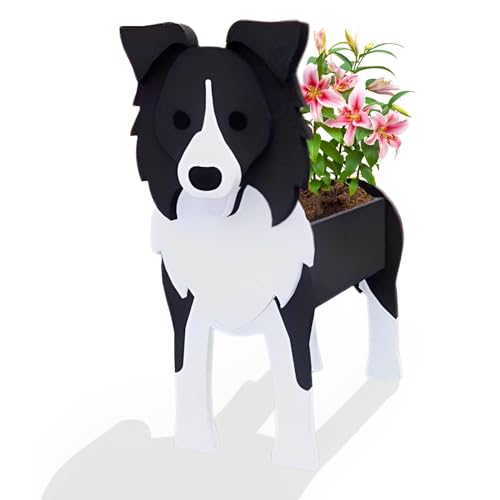 AKMSX かわいい プランター ボーダーコリー 犬 植木鉢 ガーデン 園芸 花  スタンド インテリア 幅24cm 奥行15cm 高さ34cm