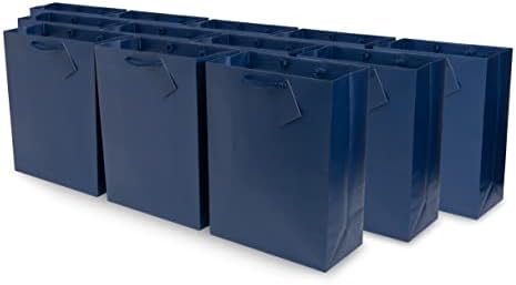 Blue Gift Bags - 12 Pack Large Navy Paper Gift Bags with Rope Handles, Designer Solid Color Paper Gift Wrap Bags for Birthdays, Parties, Events, Bulk Favor Bags, Weddings or Any Occasion - 10x5x13