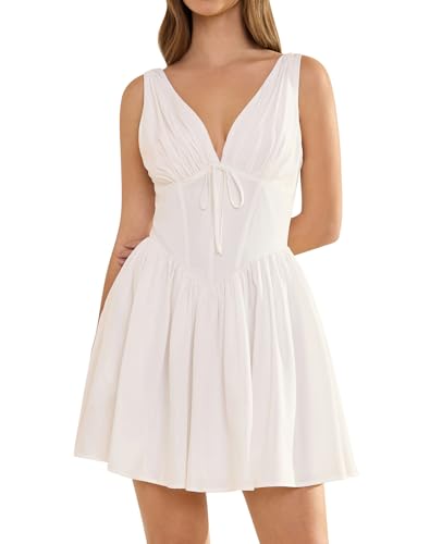 GLNEGE Women Summer Graduation Corset Mini Dresses Casual V Neck Flowy A-Line Cute Going Out Party Dress with Pockets
