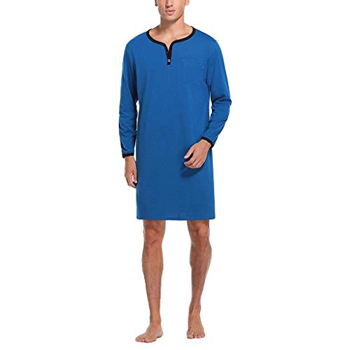 Men's V-Neck Nightshirt Nightwear with Pocket, Long Sleeve Light Weight Cotton Poly Loose Sleep Shirt (Color : Blue, Size : X-Large)2
