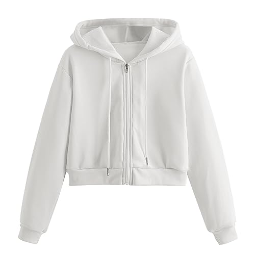 Image of Generisch Cropped Sweat Jacket Women's Plain Elegant Zip Hoodie Long Sleeve Loose Hooded Jacket with Hood Basic Lightweight Outwear Hoodie with Zip Fashion Jacket, B White, L