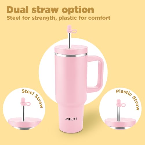 Image of MILTON My Tumbler 1200 Thermosteel Double Wall Vacuum Insulated Stainless Steel Tumbler with Handle 1100ml,Leak Proof Travel Mug with Straw,Silicon Cap Cleaning Brush, Hot & Cold Beverage Flask, Pink