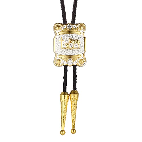 Bolo Cravate Homme style western vintage avec cordon en cuir marron et pendentif cheval dore