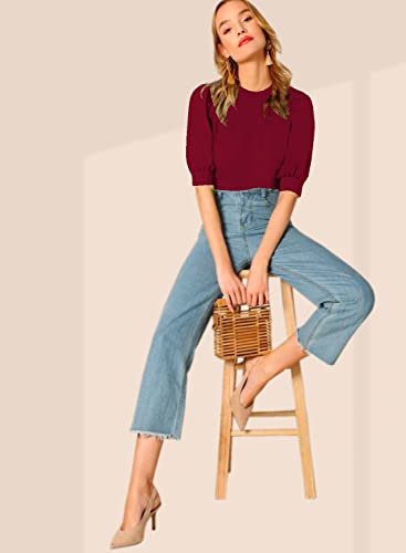 Image of Dream Beauty Fashion Women's Puff Sleeve Round High Neck Top Balloon Bishop Sleeve Elegant Casual Tee (23 inch Inches)- (Top Sofia P)