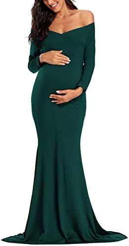 Ecavus Women's Off Shoulder Maternity Dress Slim Cross-Front V Neck Long Sleeve Gowns for Photoshoot
