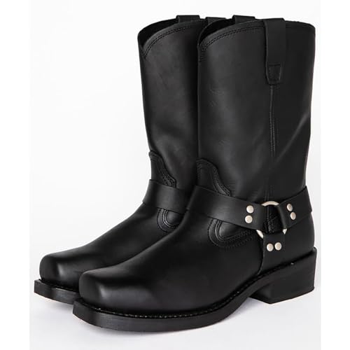 Equestrian Riding Boots(38-48), Cowboy Boots for Men, Square Toe/Low Heel, Anti-Slip/Wear-Resistant, Belt Buckle/Pull On, for Spring, Autumn, Winter/Unisex,48,Black