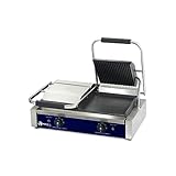 MBH – Grill industrial eléctrico INOX doble 580 x 410 mm para hostelería. Plancha sandwichera panini profesional placa lisa de acero forjado antiadherentede para bocadillos de bar y restaurante.