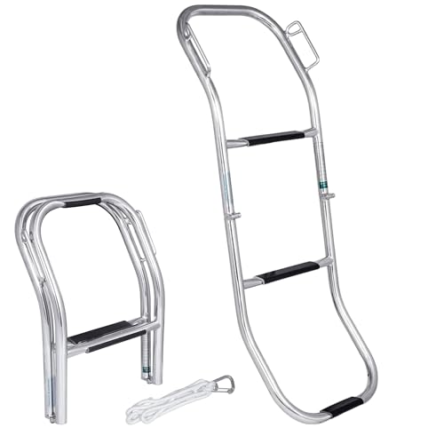 White Water – 3-Step Removable Inflatable Boat Boarding Solution | 304 Stainless Steel Folding Design with Adjustable Lanyard and Carabiner for Boats, Yachts, Ships, Dinghies, Kayaks | AM1013S