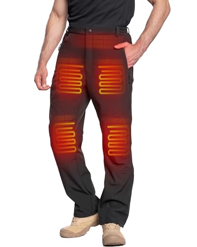 DEWBU Heated Pants for Men with 12V Battery Pack Fleece Lined Outdoor Softshell Pants Electric Heating Trousers Mens Pure Black L