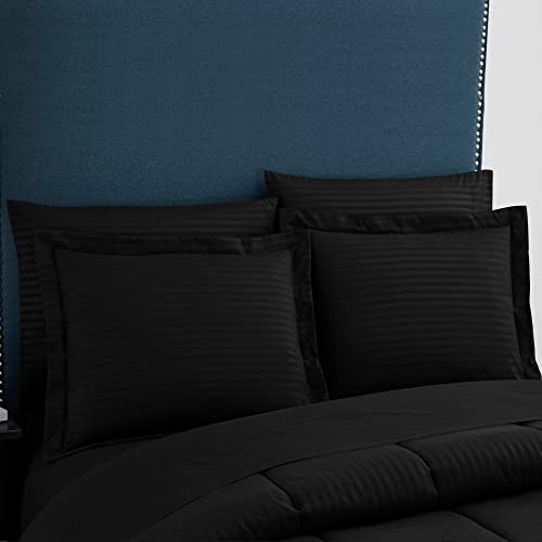 Image of Sweet Home Collection 8 Piece Comforter Set Bag Stripe Design, Bed Sheets, 2 Pillowcases, 2 Shams Down Alternative All Season Warmth, King, Dobby Black