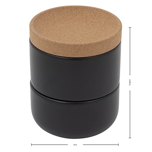 Image of Ceramic and Cork 3 Piece Stackable Salt and Pepper Cellar For Countertop Space Saving, Easy Lift Lid to Retain Freshness, Natural Cork and Black Ceramic