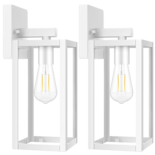 Brightever 2-Pack Outdoor Wall Light Fixtures, Waterproof Anti-Rust Outside Wall Sconce Lantern with Clear Glass, Exterior Front Porch Lights for House Garage Doorway, Bulbs Not Included, White