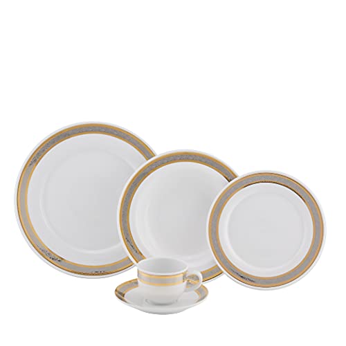 Minh Long I 5 Pieces Assorted Premium Porcelain with Elegant Rose Trim Dinnerware Set, Round Plates Coffee Tea Cup Saucer Serve Fine Dining Dish Main Course Dinner Home Kitchen Tableware, White & Gold