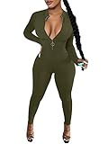 LAGSHIAN Women's Sexy Casual Long Sleeve V Neck Zipper One Piece Bodycon Jumpsuit Olive