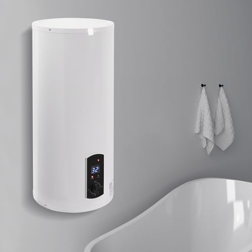 Calentador de agua eléctrico ieLsngai - Depósito de pared 100L - Calentador de agua vertical moderno blanco con pantalla LED - 2000 W
