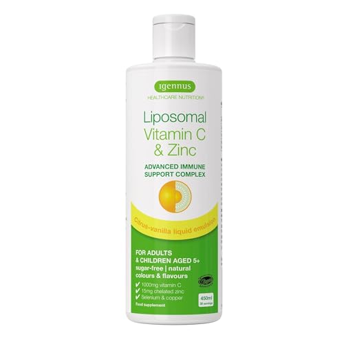 Complejo de Vitamina C Liposomal 1000mg con Zinc, Cobre y Selenio, Formato Líquido, Refuerzo Inmunológico para Adultos y Niños, Sabor a Cítricos y Vainilla, 30 Dosis de Igennus