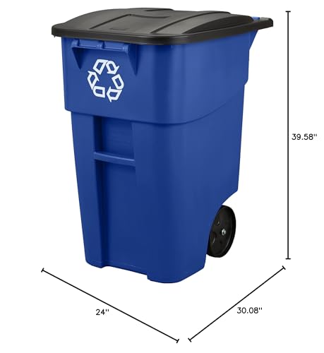 Image of Rubbermaid Commercial Products BRUTE Rollout Heavy-Duty Wheeled Recycling Can /Bin, 50-Gallon, Blue Recycling, for Restaurants /Hospitals /Offices /Warehouses /Garage, Pack of 2