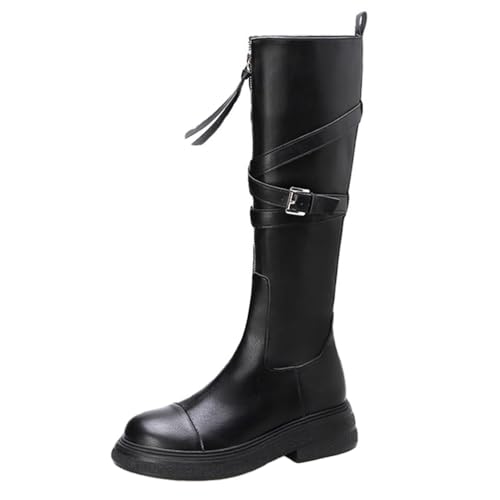 sekiueo Botas Altas hasta La Rodilla Mujer Botas De Montar Vaqueras con Hebilla Punta Redonda Tacón Bajo Y Cremallera,Negro,40 EU