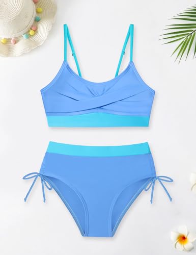 Image of Gaupafmb Girls Bikini 3PCS Swim Sets Color Block Crop Top Briefs with Shorts for 7-16 Years