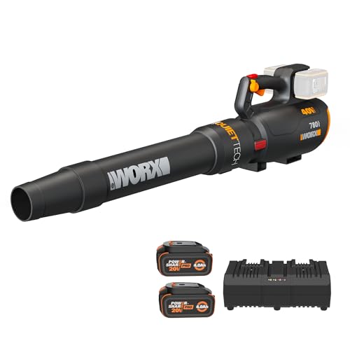 WORX Cordless Leaf Blower, 40V Electric Blower with 780CFM & 190MPH, Brushless Lawn Blower with Gas-Like Power & 57dB, 2 Batteries & Charger Included, WG582