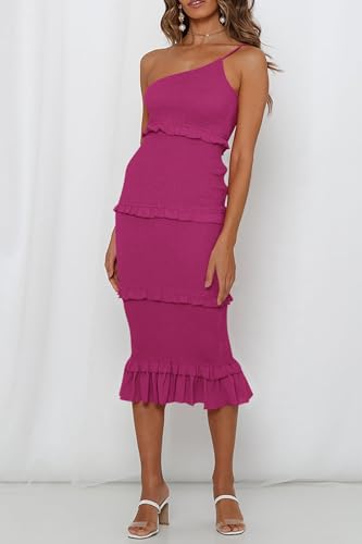 Image of PRETTYGARDEN Women's Summer Midi Bodycon Dresses One Shoulder Strappy Tiered Ruffle Floral Boho Sun Dress