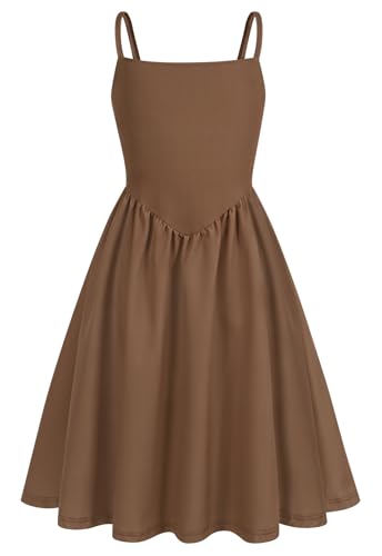 Eledobby Girls Summer Dress Casual Sleeveless A-Line Sundress Spaghetti Strap Brown Dresses 13-14Years