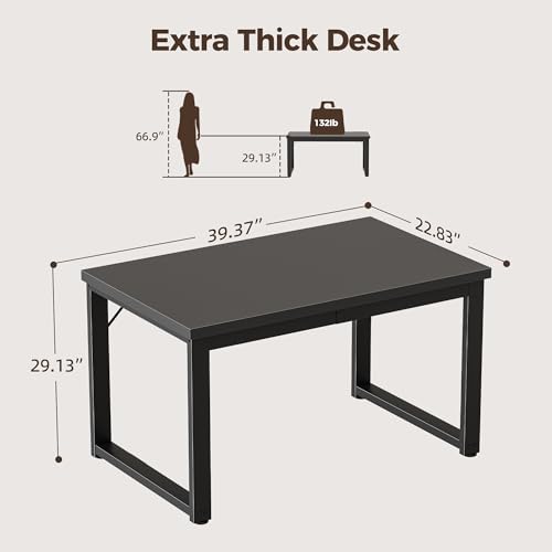 Image of 40 Inch Computer Desk, 1.2 inch Thick Small Office Table, Black | Modern Simple Style, Heavy Duty Industrial Frame, Small Study & Writing Table for Home Bedroom Work