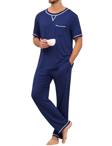 SWOMOG Mens Pajamas Set Modal Short Sleeve Sleepwear Crew Neck Pjs 2 Piece Loungewear Nightshirt Top & Pants with Pockets2